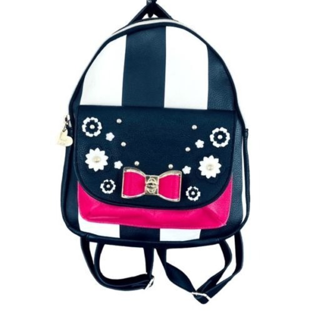 Betsey Johnson Black White Rugby Stripe Hot Pink Floral Purse Backpack VNTG - Picture 12 of 12